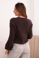 Sweter damski z baby alpaki z bufiastymi rękawami brązowy