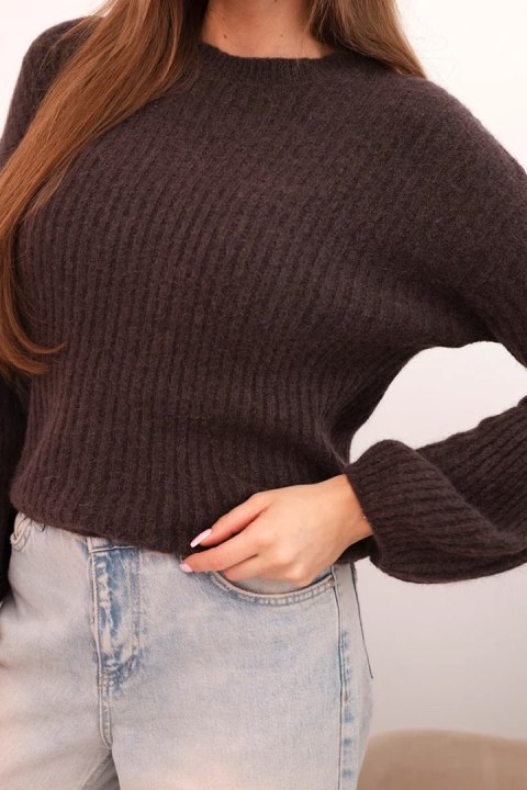 Sweter damski z baby alpaki z bufiastymi rękawami brązowy