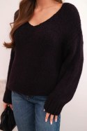 Sweter damski z domieszką wełny z dekoltem V śliwkowy