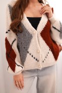 Sweter damski zapinany na guziki w romby z wełną beżowy
