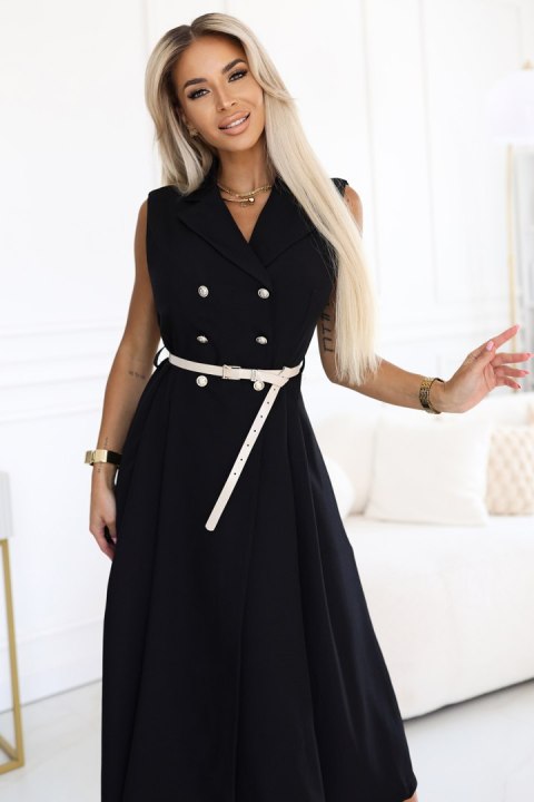 596-3 Elegancka szmizjerka midi ze złotymi guzikami i paskiem - CZARNA