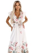 609-1 Satynowa sukienka maxi z dekoltem i kwiatowym ombre - elegancja w stylu boho