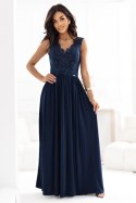 215-6 LEA długa elegancka suknia maxi z koronkową górą i rozcięciem na nodze - granatowa