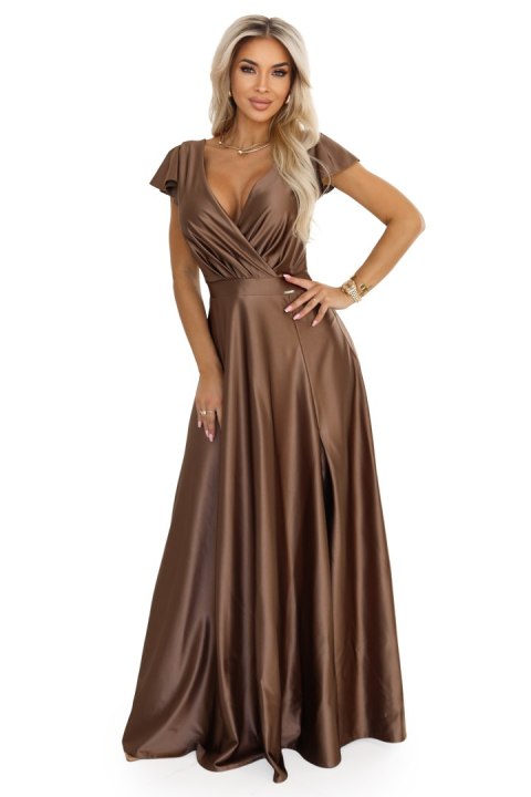 411-14 CRYSTAL satynowa długa suknia z dekoltem - mocha mousse