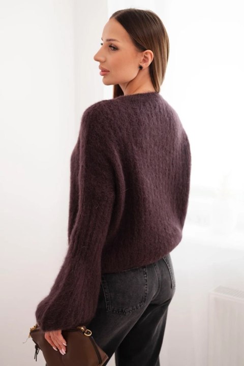 Sweter damski z moheru z bufiastymi rękawami brązowy