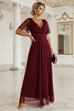 635-5 MELANIA długa błyszcząca suknia z dekoltem i krótkim rękawkiem - bordowa