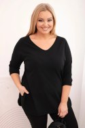 Bluzka damska bawełniana Plus Size z dekoltem V i podwijanym rękawem czarna