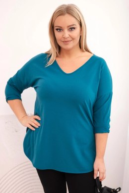 Bluzka damska bawełniana Plus Size z dekoltem V i podwijanym rękawem morska