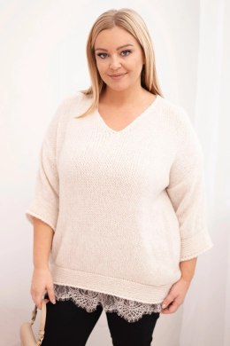 Komplet damski sweter z dekoltem V i bluzka wiskozowa z koronkowym dołem beżowy