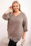 Komplet damski sweter z dekoltem V i bluzka wiskozowa z koronkowym dołem fango