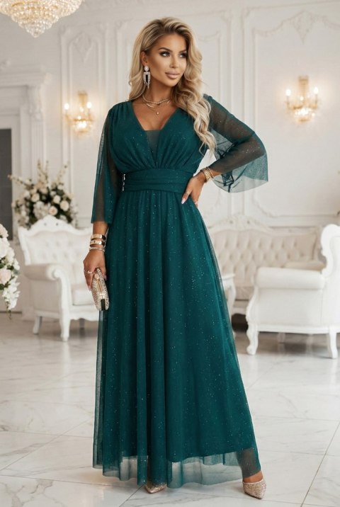 654-1 Długa połyskująca sukienka plus size z dekoltem i transparentnym rękawkiem - zieleń butelkowa