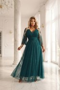 654-1 Długa połyskująca sukienka plus size z dekoltem i transparentnym rękawkiem - zieleń butelkowa