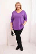 Bluzka damska bawełniana Plus Size z dekoltem V i podwijanym rękawem fioletowa