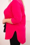 Bluzka damska bawełniana Plus Size z dekoltem V i podwijanym rękawem fuksja