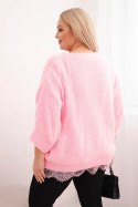 Komplet damski sweter z dekoltem V i bluzka wiskozowa z koronkowym dołem cukierkowy róż