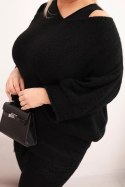 Komplet damski sweter z dekoltem V i bluzka wiskozowa z koronkowym dołem czarny