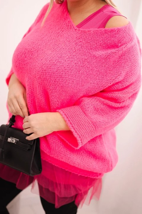 Komplet damski sweter z dekoltem V i bluzka wiskozowa z koronkowym dołem różowy neon