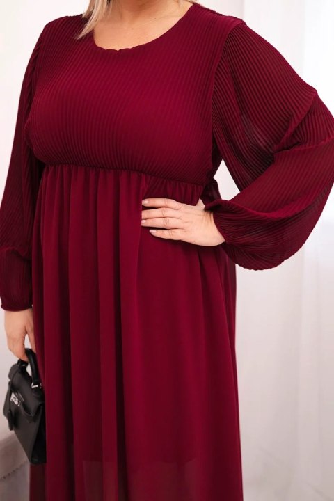 Sukienka plisowana damska Plus Size z wiskozy i z długim rękawem bordowa