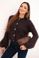 Sweter damski z moherem zapinany na guziki z bufiastym rękawem brązowy
