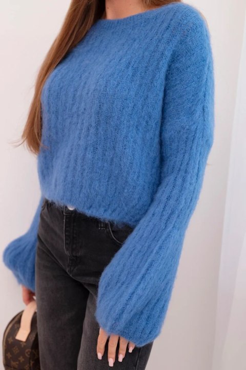 Sweter damski z moheru z bufiastymi rękawami ciemny jeansowy