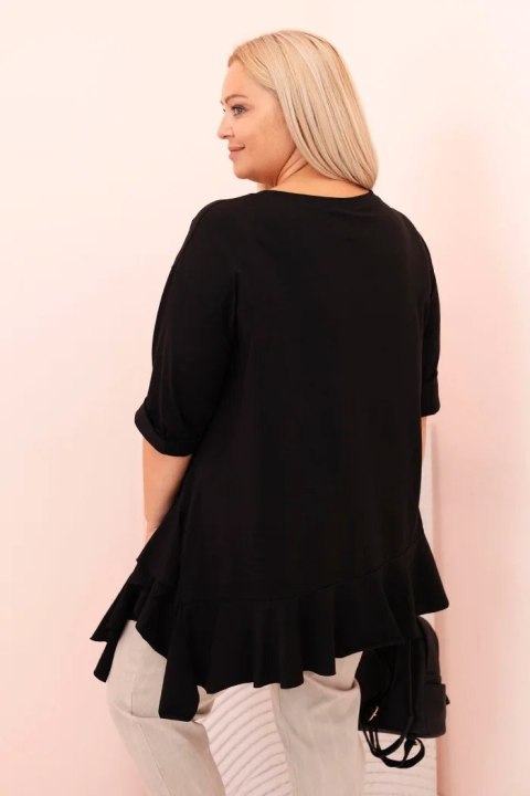 Bluzka damska Plus Size z bawełną z falbaną i rękawem podwijanym czarna