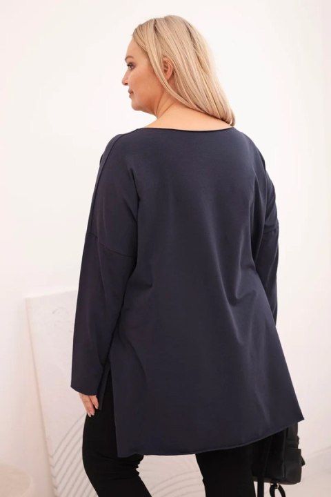 Bluzka damska bawełniana Plus Size asymetryczna z długim rękawem granatowa