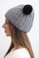 Czapka damska zimowa wełniana z pomponem K433 ciemno szara