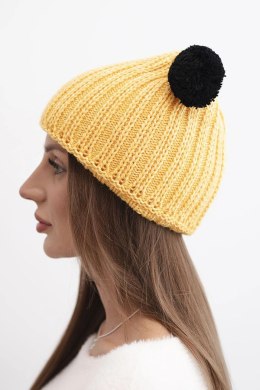 Czapka damska zimowa wełniana z pomponem K433 żółta