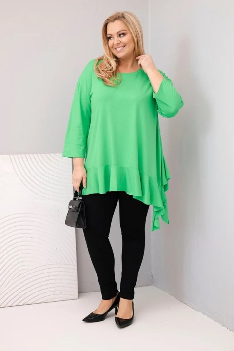 Bluzka damska Plus Size z bawełną z falbaną i rękawem podwijanym jasno zielona