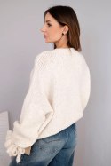 Sweter damski z dodatkiem moheru z grubym splotem i ozdobnymi rękawami beżowy