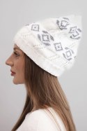 Czapka damska zimowa wełniana z geometrycznym wzorem K434 biały + szary
