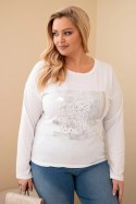 Bluzka damska Plus Size przecierana z nadrukiem i dłuższym tyłem biała