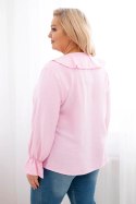 Bluzka damska wiskozowa Plus Size z falbaną i ozdobną broszką cukierkowy róż