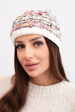 Czapka damska zimowa z kolorową przędzą i elastycznym ściągaczem K352 ecru+różowy neon+camelowy