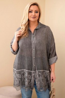 Koszula damska Plus Size bawełniana przecierana z koronkowym wykończeniem grafitowa