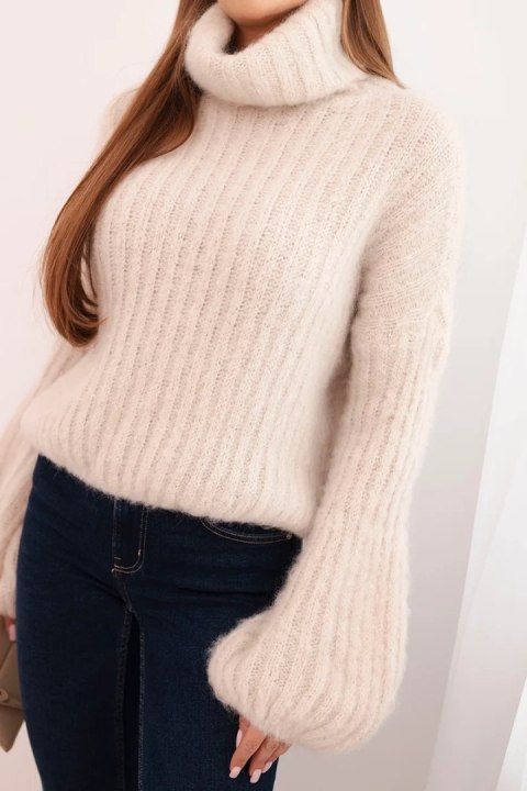 Sweter damski z moheru z bufiastymi rękawami i golfem beżowy