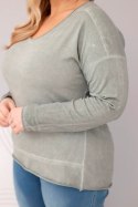 Bluzka damska Plus Size przecierana z dekoltem V i dłuższym tyłem khaki