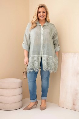 Koszula damska Plus Size bawełniana przecierana z koronkowym wykończeniem khaki