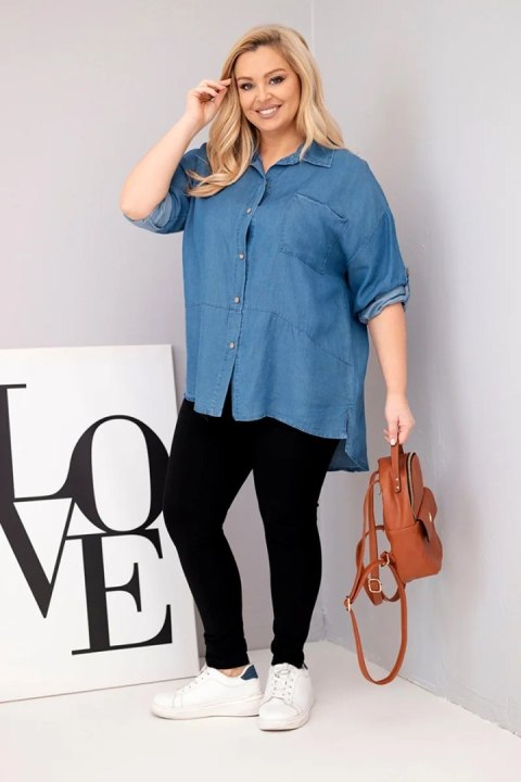 Koszula damska Plus Size z lyocellu z przedłużanym tyłem i rękawem na guzik jeansowa