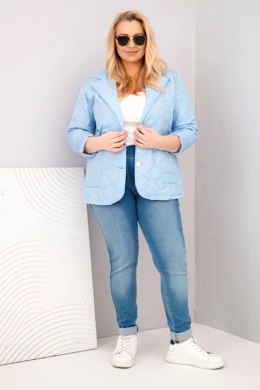 Kurtka damska Plus Size pikowana w kwiaty z kołnierzem i kieszeniami niebieska