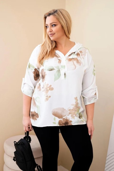 Bluzka damska Plus Size z wiskozy z kapturem i kwiatowym wzorem biała