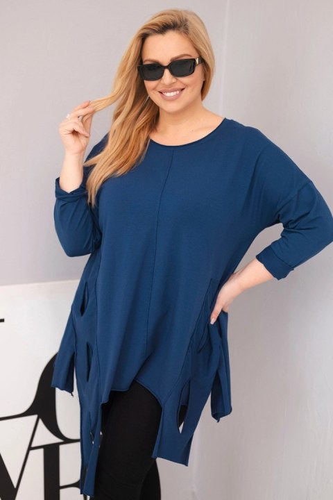 Bluzka damska bawełniana Plus Size z asymetrycznym dołem i wycięciami granatowa