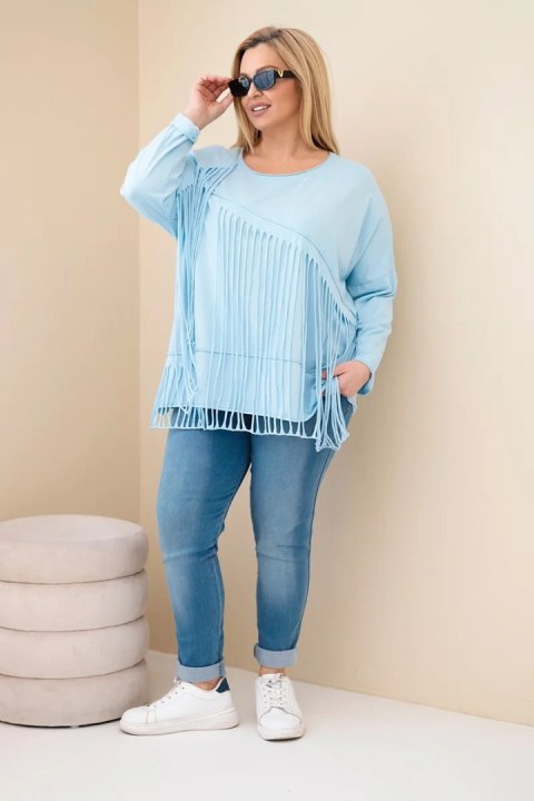 Bluzka damska bawełniana Plus Size z frędzlami niebieska