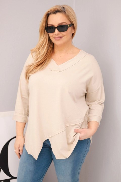 Bluzka damska bawełniana Plus Size z głębokim dekoltem V i asymetrycznym dołem beżowa