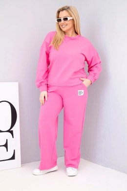 Komplet damski Plus Size bawełniany z luźną bluzą i spodniami z szeroką nogawką różowy