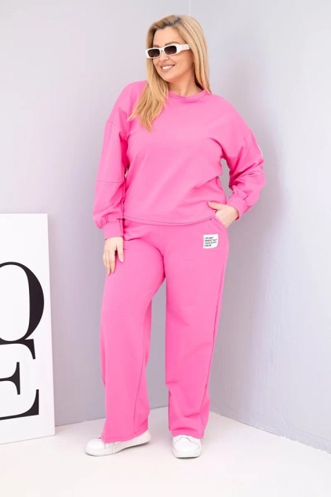 Komplet damski Plus Size bawełniany z luźną bluzą i spodniami z szeroką nogawką różowy