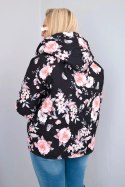 Kurtka damska wiosenna pikowana Plus Size z kapturem i kwiatowym wzorem czarna