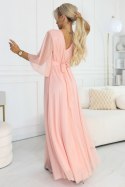 654-4 Długa połyskująca sukienka plus size z dekoltem i transparentnym rękawkiem - brzoskwiniowa