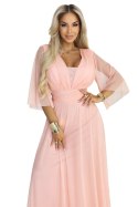 654-4 Długa połyskująca sukienka plus size z dekoltem i transparentnym rękawkiem - brzoskwiniowa