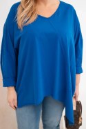 Bluzka damska bawełniana Plus Size z asymetrycznym dołem i dekoltem V chabrowa